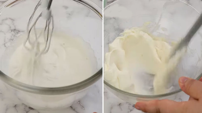 Đánh kem tươi (hình trái) và hỗn hợp kem phô mai với đường (hình phải)