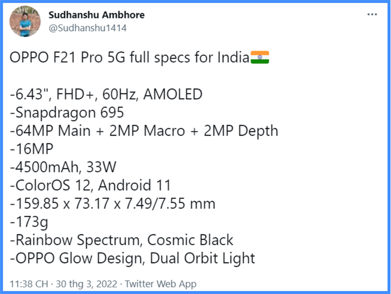 OPPO F21 Pro 5G lộ cấu hình chính