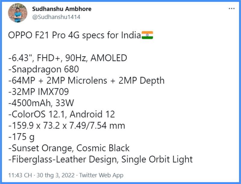 OPPO F21 Pro 4G lộ cấu hình chính