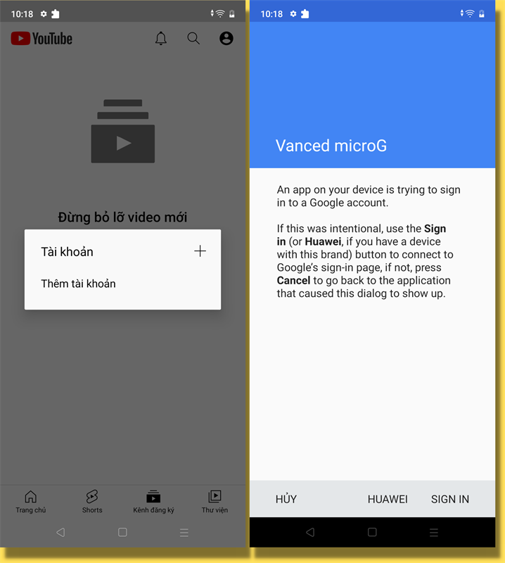 Đây là giao diện đăng nhập tài khoản Google trong YouTube ReVanced.