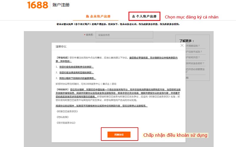 Chọn tài khoản cá nhân và chấp nhận điều khoản sử dụng