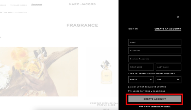 Tạo tài khoản trên trang web Marc Jacobs