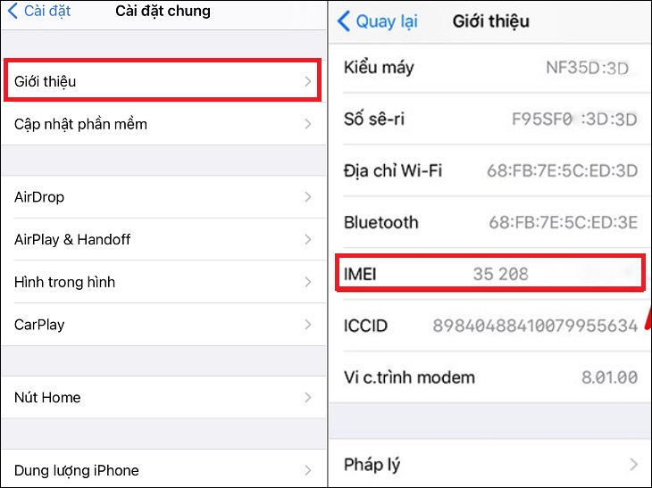 Chọn Giới thiệu > Kéo xuống đến phần IMEI 