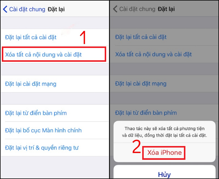 Chọn vào Xóa tất cả nội dung và cài đặt > Chọn Xóa iPhone.