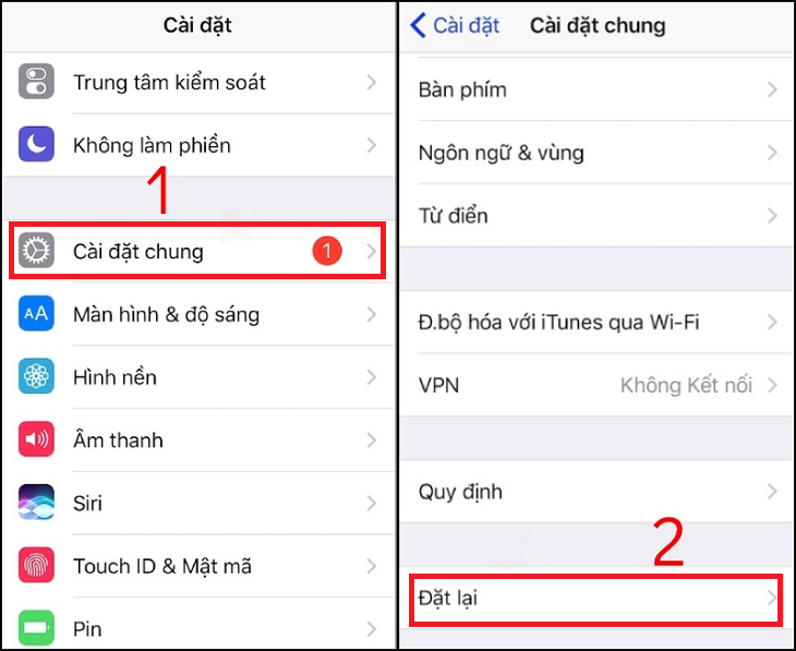 Chọn Cài đặt > Chọn Cài đặt chung > Chọn Đặt lại.