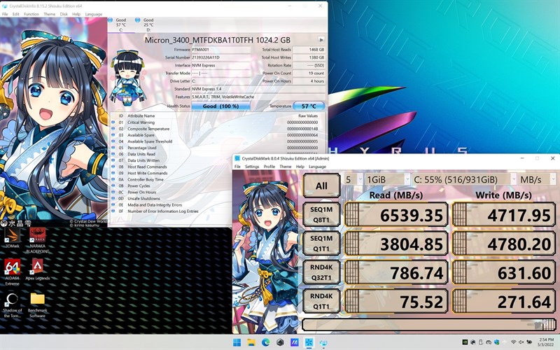 Các bài kiểm tra về SSD trên Zephyrus M16 2022 với phần mềm CrystalDiskMark cho lại những kết quả truy xuất ấn tượng