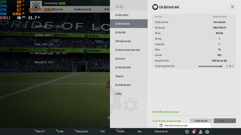 Thiết lập đồ họa game FIFA Online 4 trên ASUS ZenBook 14X OLED.