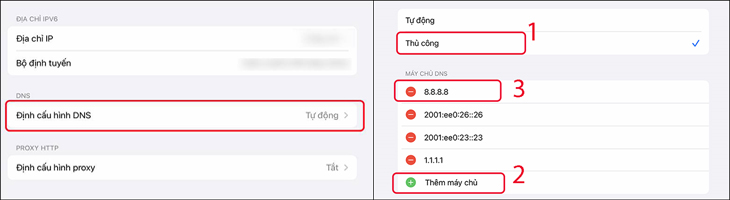 Chọn Định cấu hình DNS (Configure DNS) > Chọn Thủ công (Manual) > Chọn Thêm máy chủ (Add Server) > Nhập 8.8.8.8 hoặc 8.8.4.4 để hoàn thành.