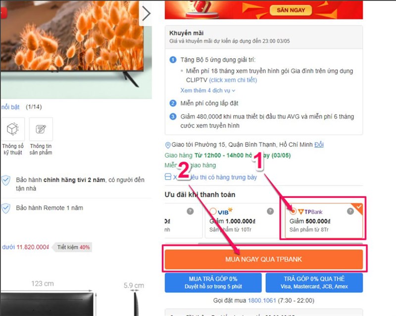 Thanh toán bằng thẻ tín dụng TPbank, giảm 500K cho sản phẩm từ 8 triệu