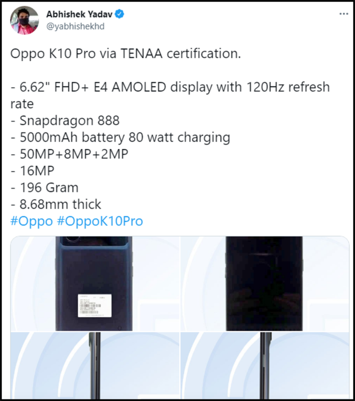 OPPO K10 Pro xuất hiện qua trang web chứng nhận với thiết kế ba camera