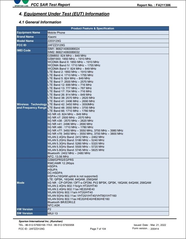 Xiaomi 12 Lite 5G được FCC chứng nhận, cấu hình được hé lộ