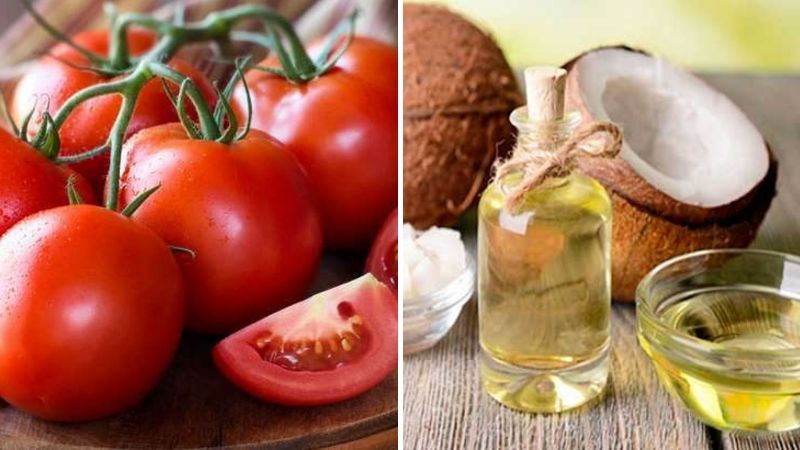 Ingredients for making lipstick with coconut oil and tomatoes