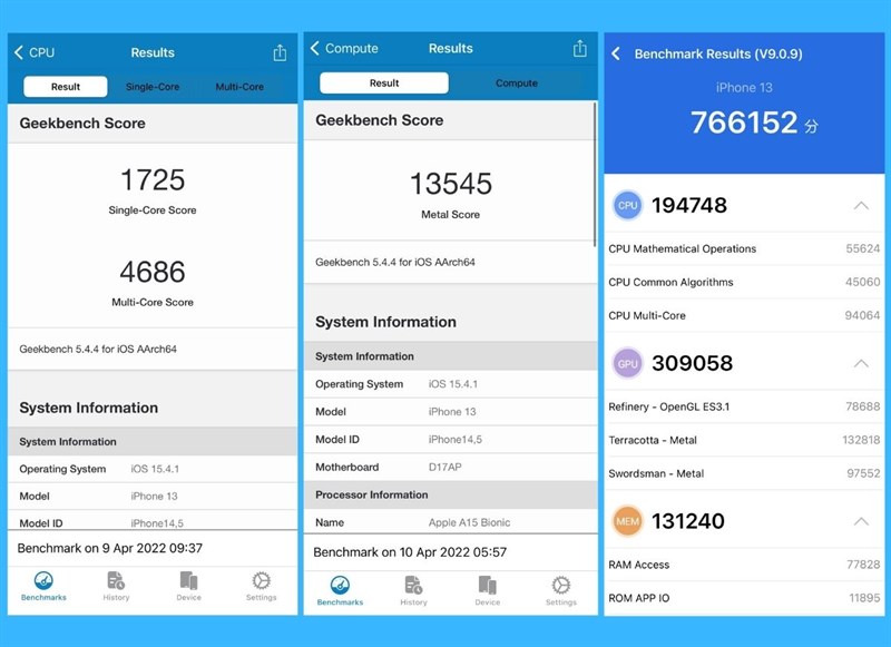 Kết quả bài test hiệu năng của iPhone 13 với phần mềm GeekBench 5 và Antutu Benchmark