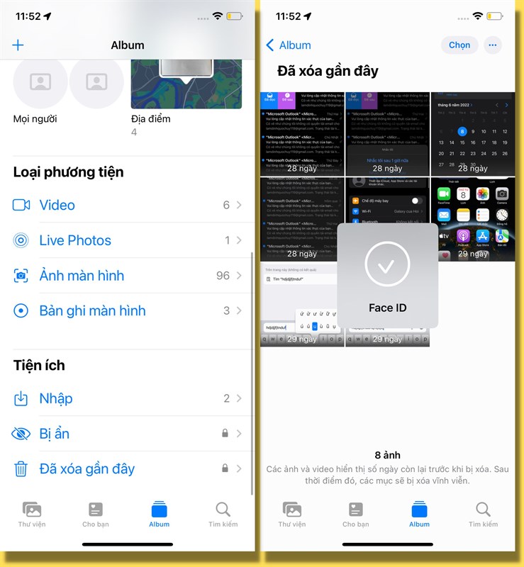 Để truy cập vào Album bị ẩn thì chúng ta cần có mật khẩu của máy (có thể là FaceID, TouchID hoặc mật khẩu thông thường).