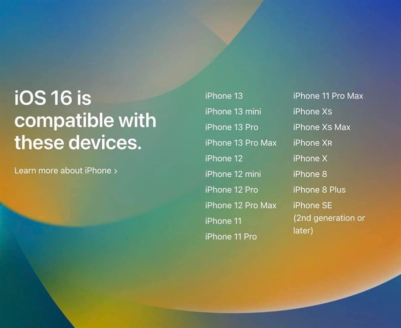 Danh sách iPhone cập nhật iOS 16 chính thức. Nguồn: Apple.