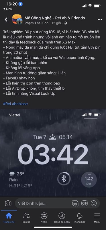 Một số trải nghiệm của bạn Phạm Thái Sơn khi dùng iOS 16 Beta 1 trên iPhone Xs Max.