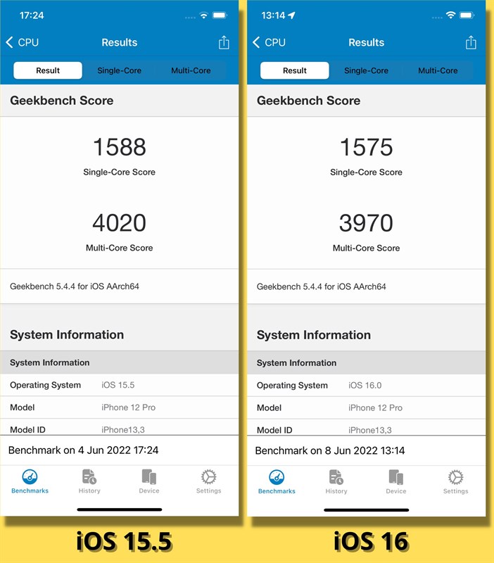 So sánh điểm GeekBench 5 (đơn nhân/đa nhân) của iPhone 12 Pro chạy iOS 15.5 (bên trái) và iOS 16 Beta 1 (bên phải).