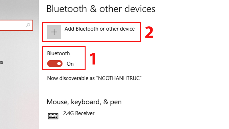 Bật bluetooth và nhấn nhấn Add Bluetooth or other device