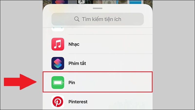 Danh sách tiện ích hiện ra, vuốt xuống dưới tìm đến mục Pin