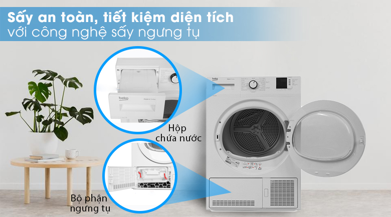 Máy sấy ngưng tụ Beko 8 Kg DU8133GA0W sấy an toàn, tiết kiệm diện tích với công nghệ sấy ngưng tụ