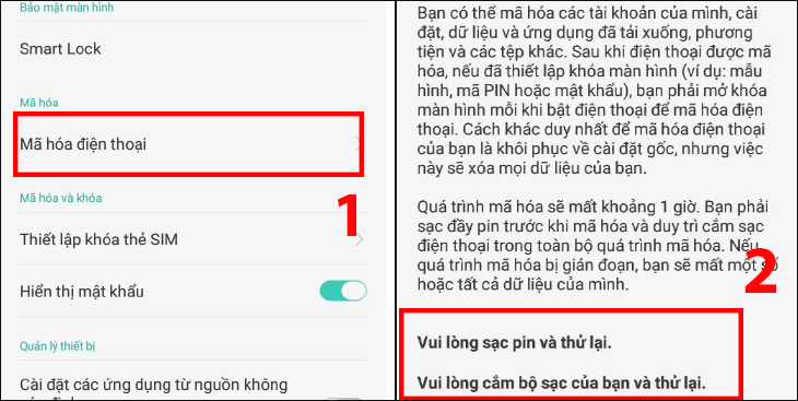 Chọn Mã hóa điện thoại > Điện thoại của bạn đã mã hóa thành công.