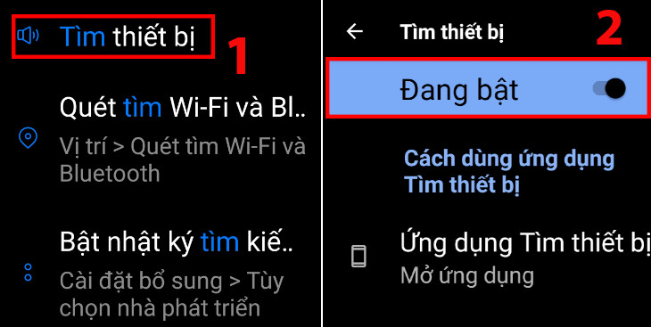 Sau khi tải xong vào Cài đặt tìm Tìm thiết bị > Kéo thanh trược sang phải để kích hoạt.