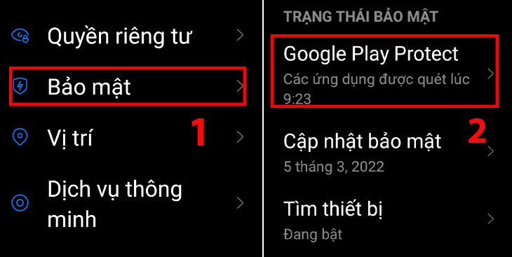 Vào Cài đặt chọn Bảo mật > Chọn Google Play Protect.