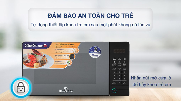 Lò vi sóng Bluestone có tốt không? Có nên mua không? > Lò vi sóng Bluestone MOB-7816 20 Lít được tích hợp chức năng khóa trẻ em giúp đảm bảo an toàn khi sử dụng.