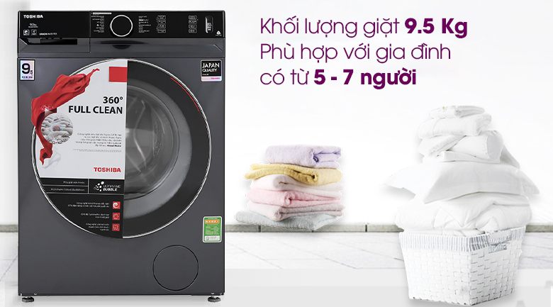 Máy giặt Toshiba Inverter 9.5 Kg TW-BK105G4V(MG) có khối lượng giặt 9.5 kg phù hợp với gia đình từ 5 - 7 người