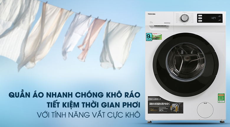 Máy giặt Toshiba Inverter 9.5 Kg TW-BK105S2V(WS) được tích hợp tính năng vắt cực khô giúp rút ngắn thời gian phơi khô quần áo