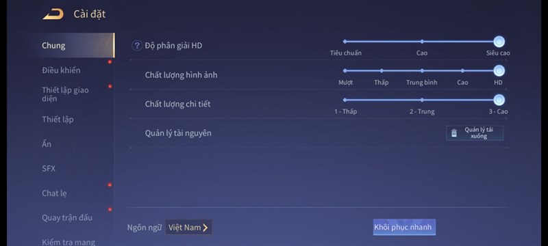 Thiết lập đồ hoạ tựa game Liên Quân Mobile để test pin Mi 10T Pro 5G