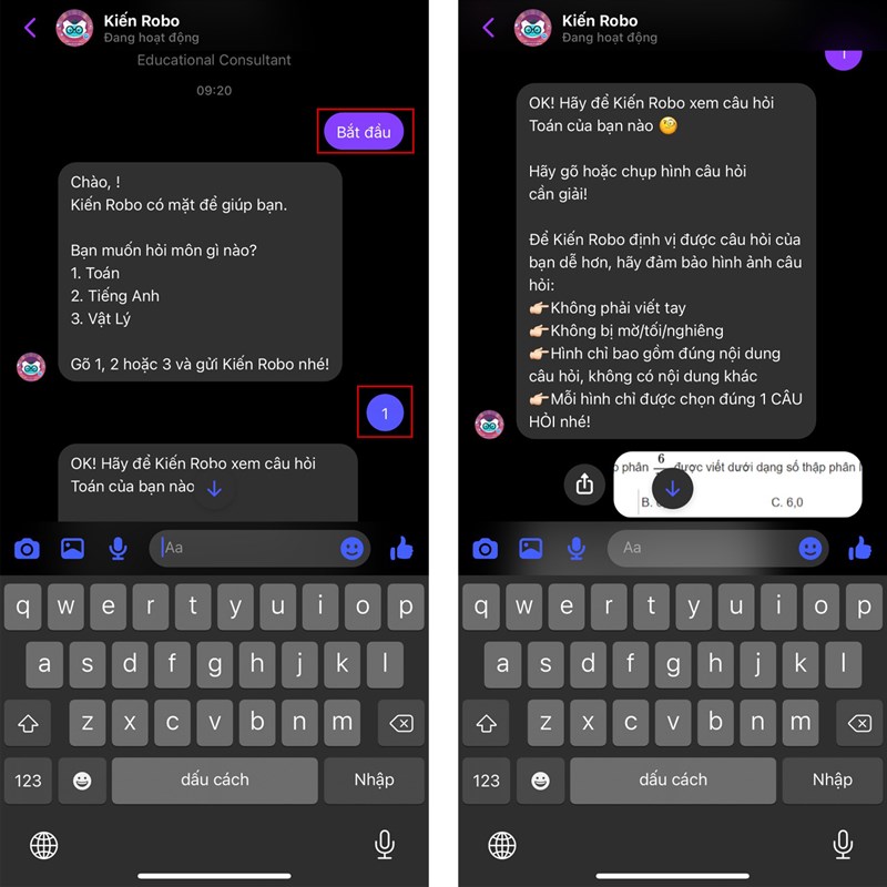 Hướng dẫn giải bài tập ngay trên Messenger