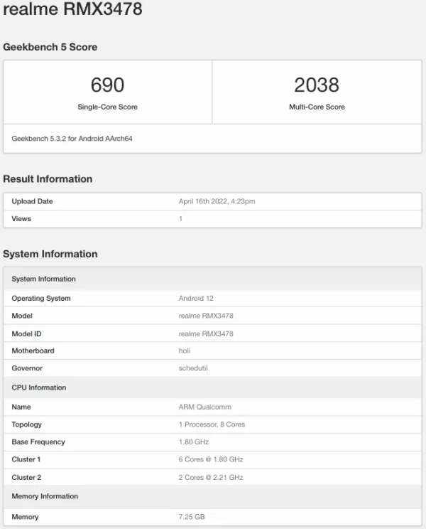 Smartphone có số model RMX3478 xuất hiện trên Geekbench được cho là Realme Q5 Smartphone có số model RMX3478 xuất hiện trên Geekbench được cho là Realme Q5