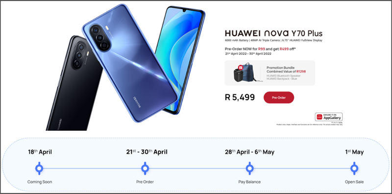 Chương trình đặt mua trước Huawei Nova Y70 Plus ở Nam Phi Chương trình đặt mua trước Huawei Nova Y70 Plus ở Nam Phi