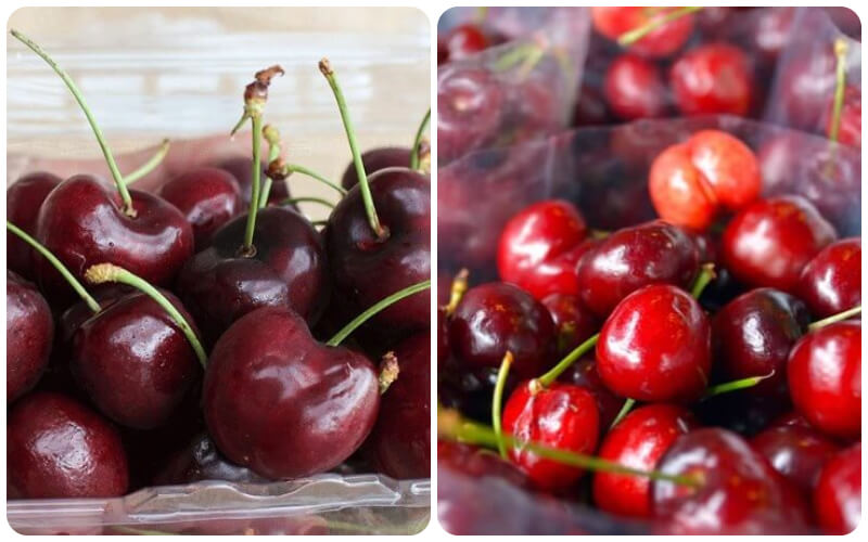 Cherry Mỹ có màu đỏ sẫm (bên trái) còn cherry Trung Quốc có màu đỏ sáng