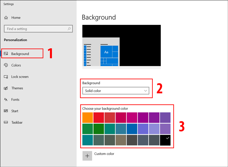 Chọn Personalize > Chọn Background > Chọn Solid Color > Chọn màu tùy ý