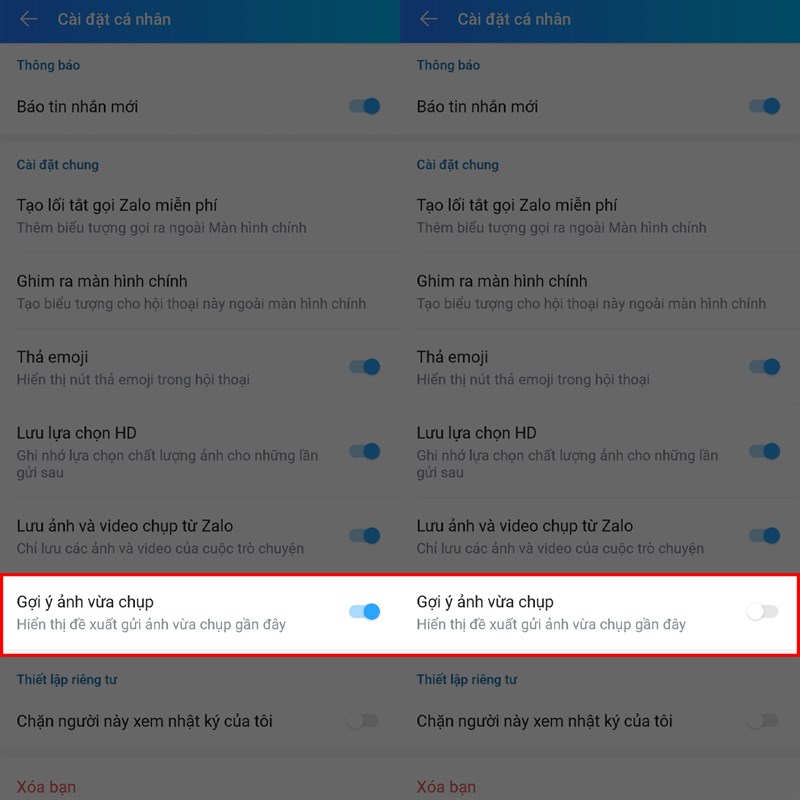 Cách tắt gợi ý gửi ảnh vừa chụp trên Zalo