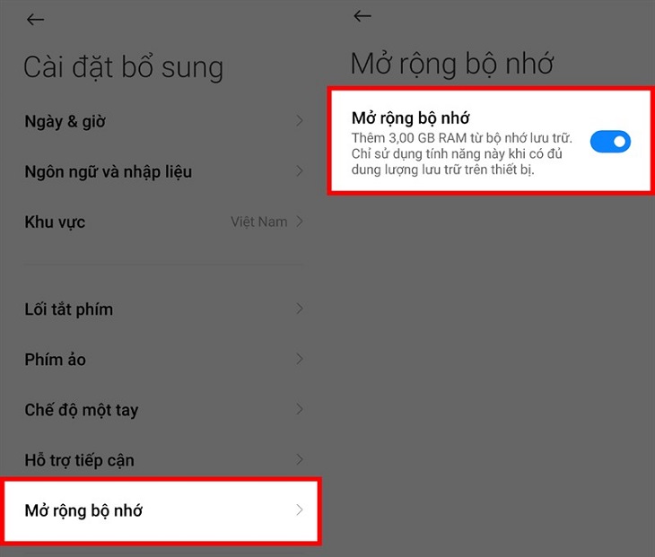 Bạn hãy vào mục Cài đặt > Chọn Cài đặt mở rộng > Bật chế độ mở rộng bộ nhớ 