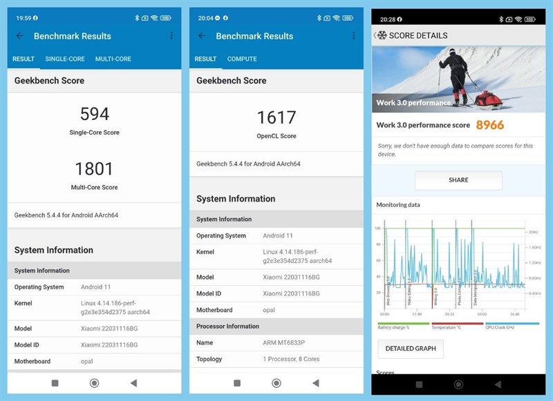 Kết quả bài test GeekBench 5 (bên trái và chính giữa) và PCMark (bên phải) trên Redmi Note 11S 5G
