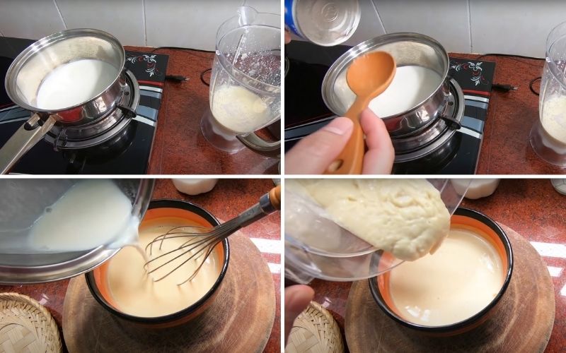 Nấu sữa và trộn hỗn hợp kem sầu riêng