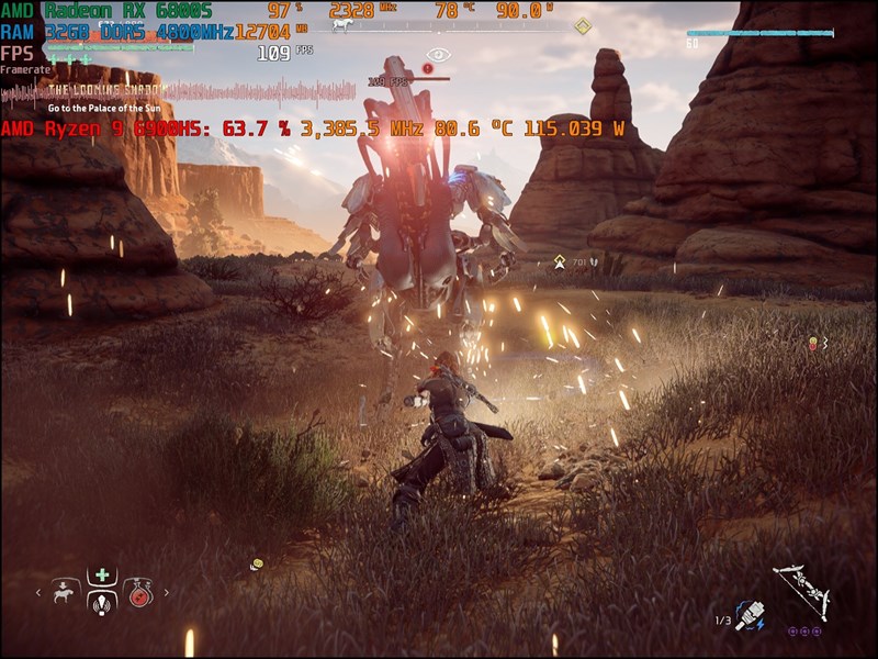 Tựa game Horizon Zero Dawn với thiết đặt đồ họa cực cao (Ultra Quality), độ phân giải 2K cùng tính năng FidelityFX cho lại số khung hình dao động khoảng từ 109-127 FPS