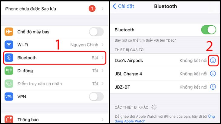 Cài đặt (Settings) > Bluetooth > chọn vào biểu tượng chữ 