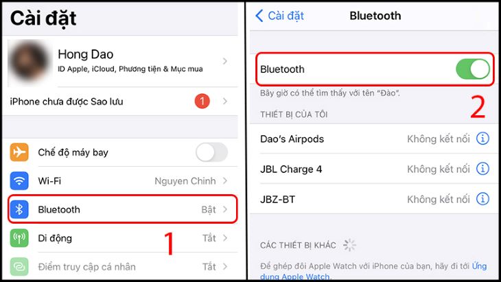 Bật/Tắt Bluetooth trong phần Cài đặt của iPhone