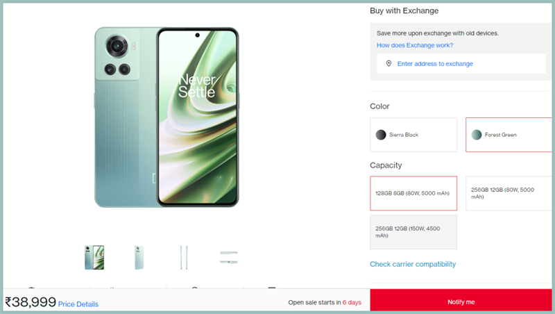 Giá bán của OnePlus 10R tại Ấn Độ