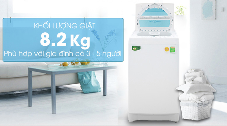 Khối lượng giặt lên đến 8.2kg, rất phù hợp với những gia đình có từ 3 - 5 người.
