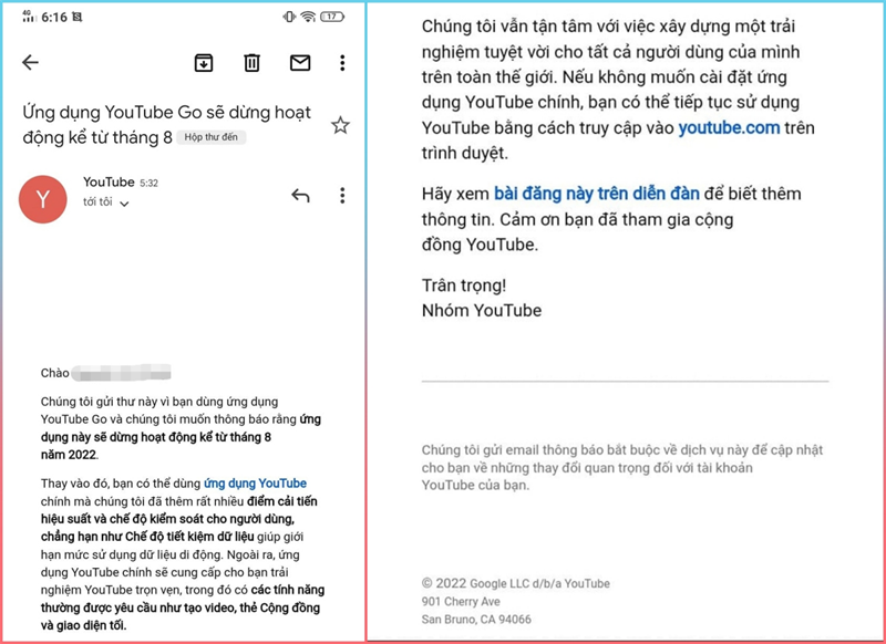 YouTube gửi email thông báo cho người dùng biết YouTube Go sắp ngừng hoạt động YouTube gửi email thông báo cho người dùng biết YouTube Go sắp ngừng hoạt động
