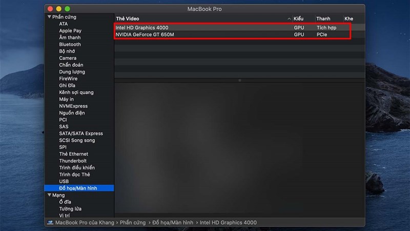 kiểm tra card đồ họa rời trên MacBook