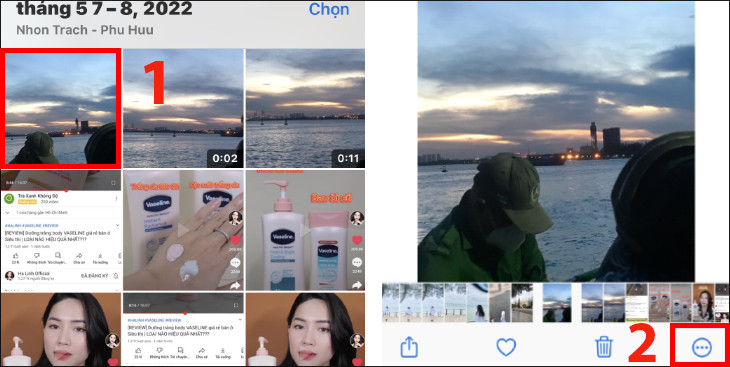 Chọn ảnh mà bạn muốn tải về điện thoại > Nhấn vào biểu tượng ba chấm bên dưới màn hình góc phải.