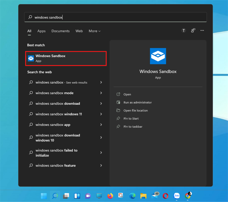 Tìm kiếm trong Windows Search với từ khóa Windows Sanbox và mở nó lên