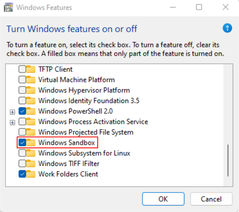 Bật lại Task Windows Features như cách lúc nãy và tích vào ô Windows Sandbox, nhấn OK.